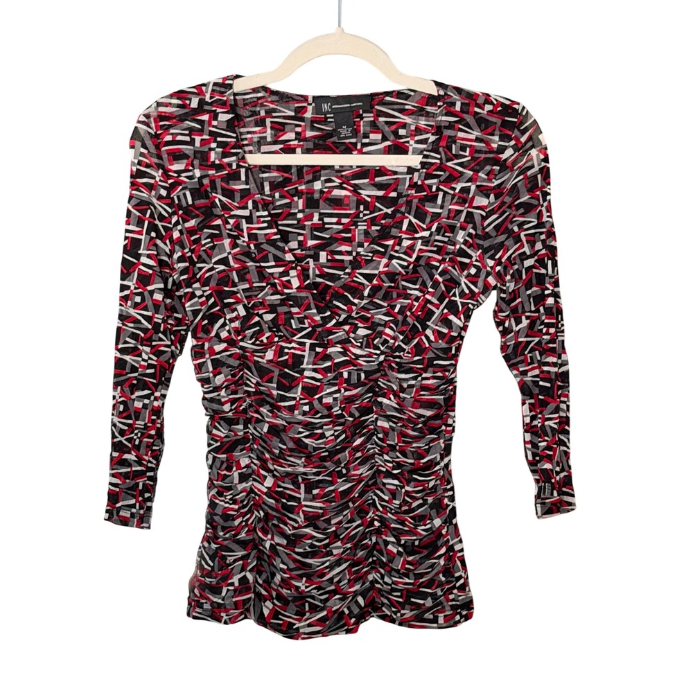 INC International Concepts Women's M Black Red White Mesh Ruched Top | SKU 1143